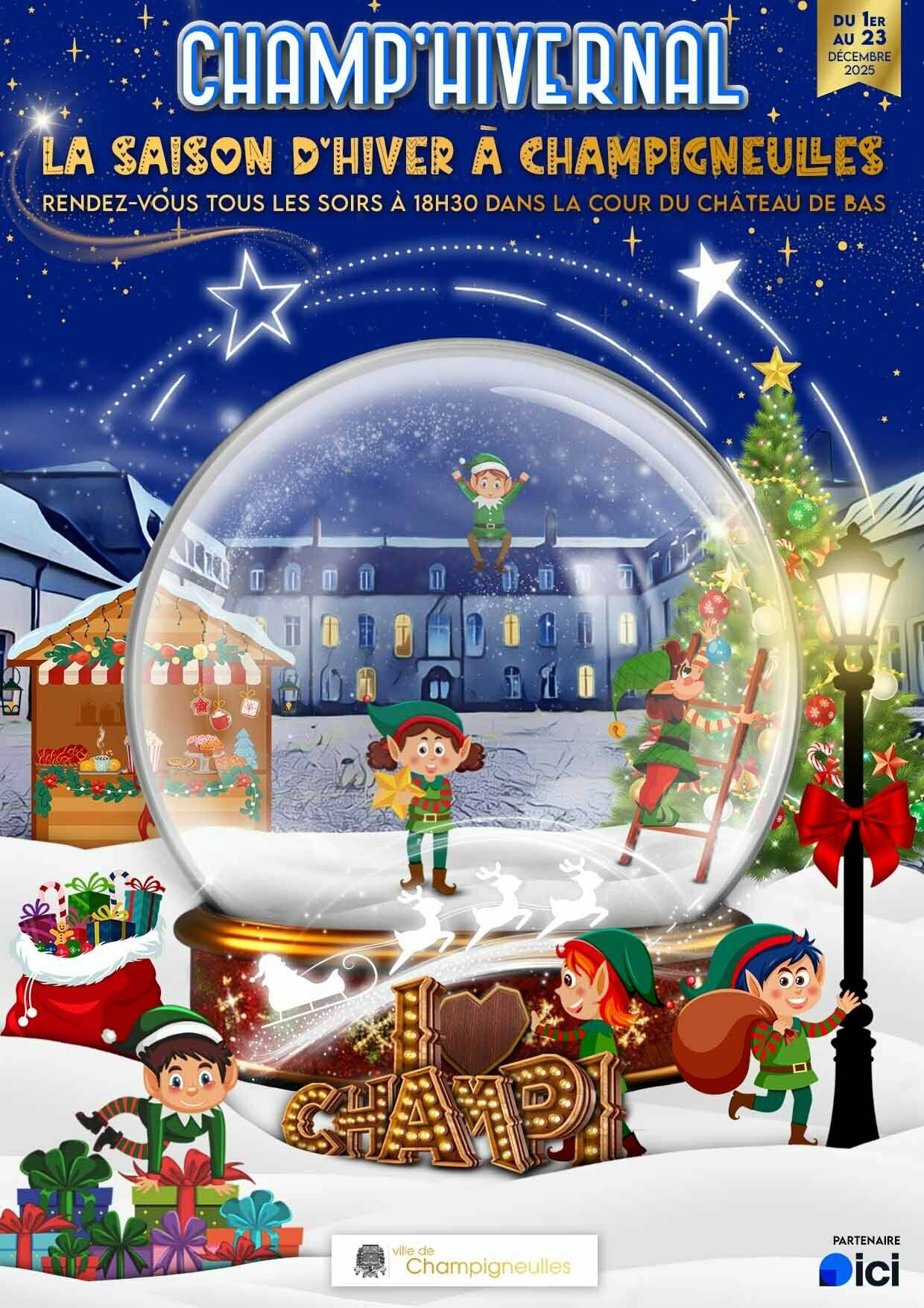 Affiche de la manifestation Champivernal, une boule a neige avec un bonnet de père Noël