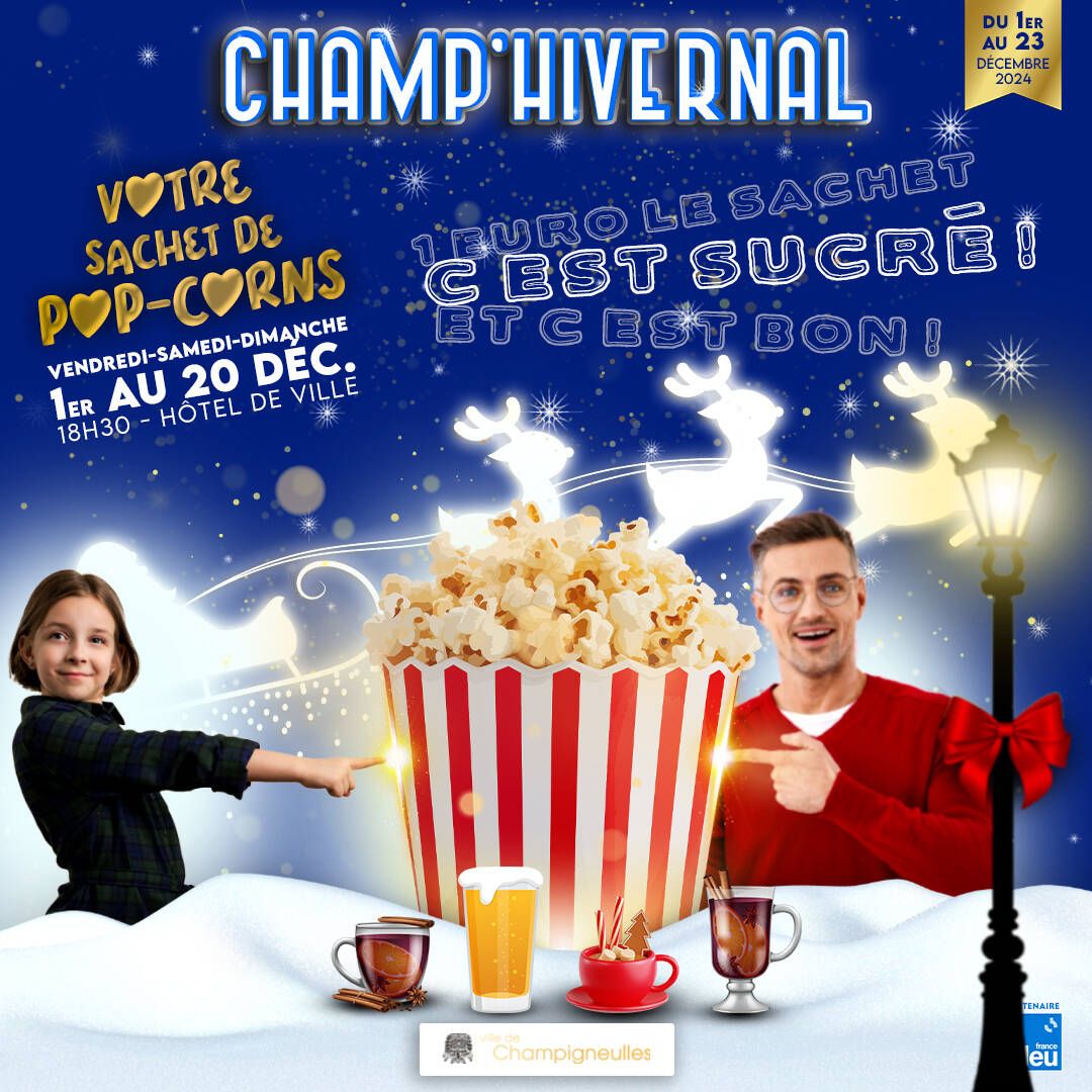 Affiche montrant une grosse boite de poc-corn et des boissons chaudes